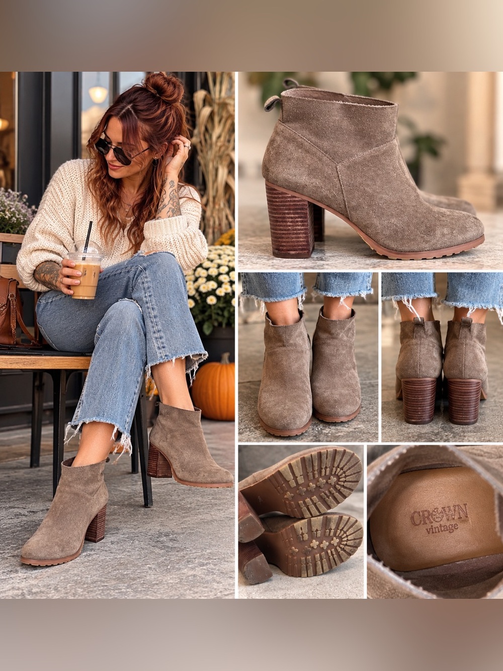 Crown Vintage Darcie Taupe Suede Leather Ankle Booties 7.5 Block Heel